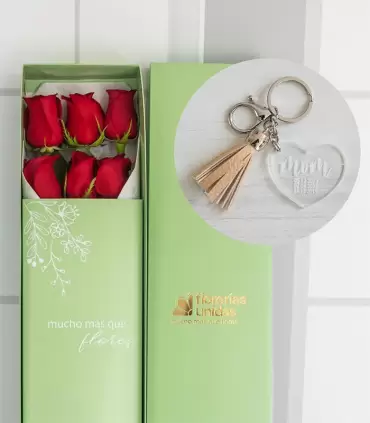 Caja 6 Rosas + Llavero Personalizado - PERZ-MA25-09