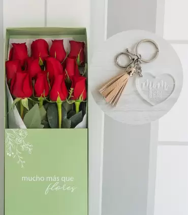 Caja 12 Rosas + Llavero Personalizado - PERZ-MA25-10